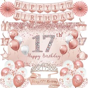 Trgowaul 17th Birthday Decorations for Girls, 30pcs Rose Gold Happy Birthday Party Supplies, 17th Crown and Sash, Banner, Hanging Swirl Flag, Balloons, 17 Year Old Party Decoration Set
