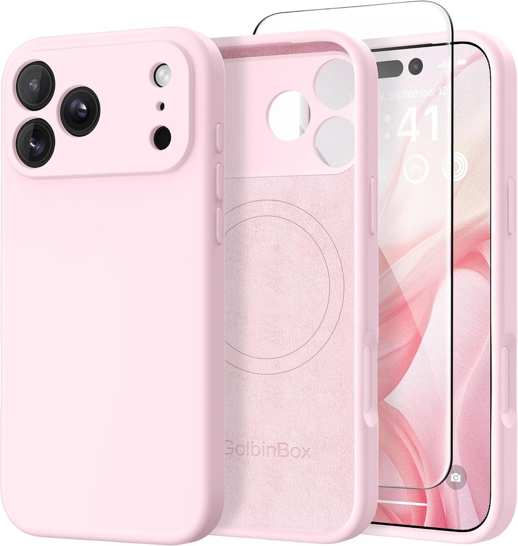 GolbinBox Magnetic for iPhone 17 Pro Max Case, Compatible with MagSafe, [Full Camera Protection] [Screen Protector], Silicone Shockproof Phone Cover with Anti-Scratch Microfiber Lining, Chalk Pink
