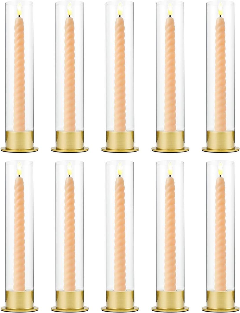 10 Set Gold Candle Stick Holder in Bulk for Wedding Centerpiece,Brass Candlestick Holders with Acylic Lampshade for Christmas Party Dining Table Centerpiece Decor candelabros para centros de mesa