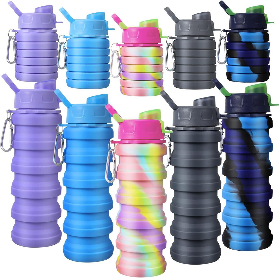 CHENGU Pack of 4 Collapsible Water Bottles 16 oz Portable Foldable Water Bottles Silicone Leak Proof Travel Water Bottle Reusable Sports Water Bottle with Metal Clip for Camping Hiking Travel (Colorful)