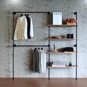 Industrial Pipe Clothing Rack, Wall Mounted Garment Black Wall Hanging Clothing Rack, Heavy Duty Clothes Rack for Walk in Closet Storage, Laundry Room, 14.6x76x82.7 Inches, Model Y02