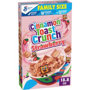 Cinnamon Toast Crunch Strawberry Breakfast Cereal, Family Size, 18.8 oz | Tangy-Sweet Strawberry & Cinnadust, 16g Whole Grain, Good Source of Calcium, ~13 Servings (EXP 05/24/27)
