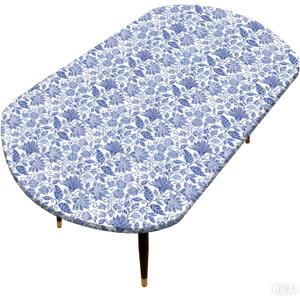 Pioggia Oval Vinyl Fitted Tablecloth with Flannel Backing Elastic Table Cloth Waterproof Oil-Proof Plastic Table Cover Best for Up to 48" x 68" (Blue Flower)