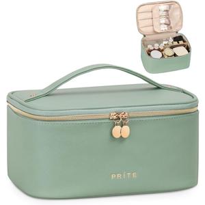 Prite Makeup Bag, Large Capacity Portable Travel Cosmetic Bag, Waterproof Makeup Organizer for Women with Handle and Divider (001 Green)