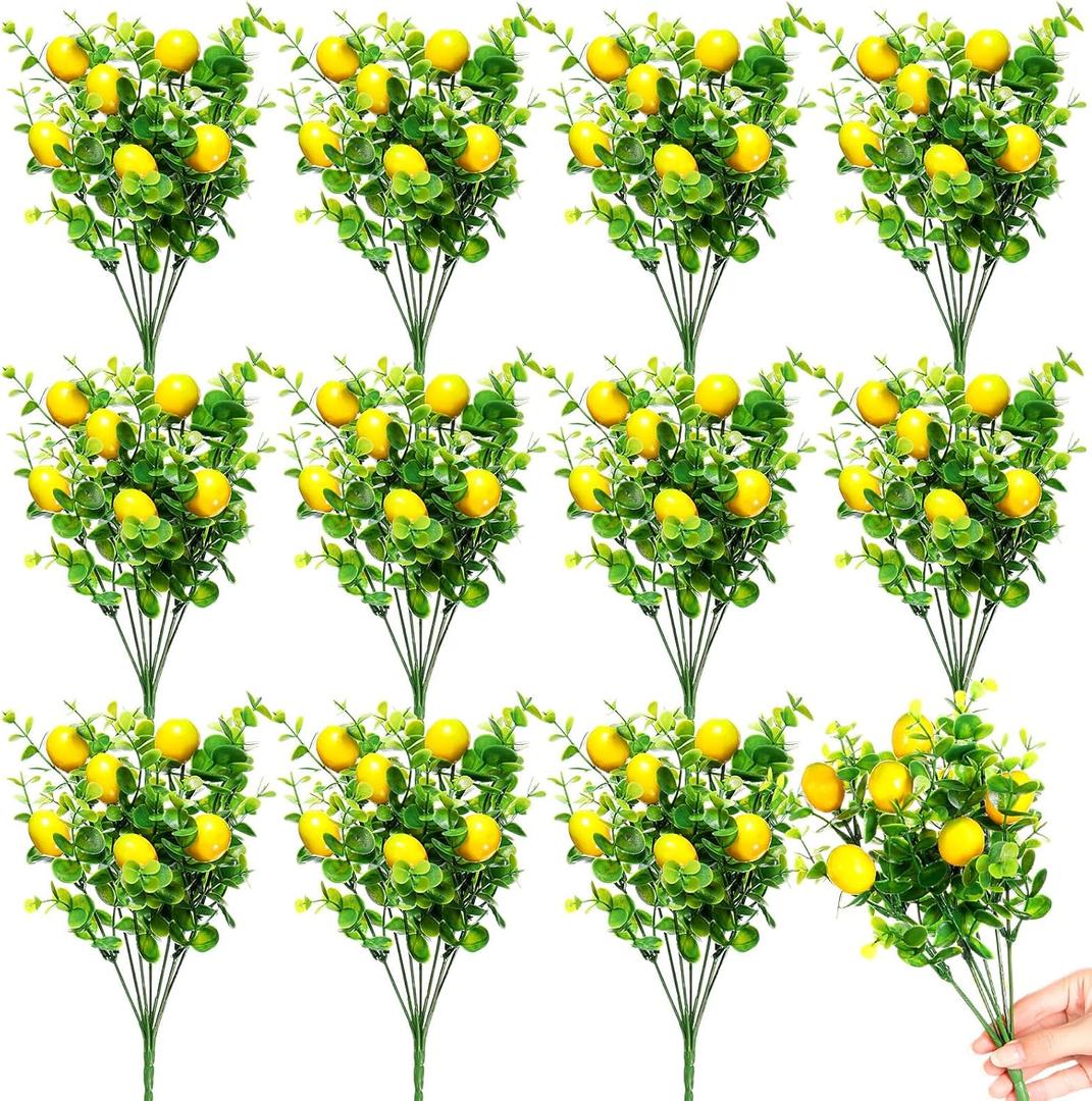 Tigeen 12 Pack Lemon for Decoration Fake Lemon Branches Artificial Vivid Yellow Faux Lemons Tables Centerpiece for Kitchen Stem Fruits for Home Spring Summer Decor