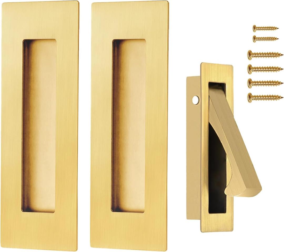 Pocket Door Handles and Edge Pull Brushed Gold,Stainless Steel 6Inch Pocket Door Hardware Latch,Recessed Finger Flush Pulls,for Closet,Sliding,Barn Door