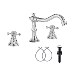 GGStudy 2 Handles 3 Holes Faucet Widespread Bathroom Sink Faucet Chrome Basin Mixer Tap Matching Pop Up Drain with Overflow