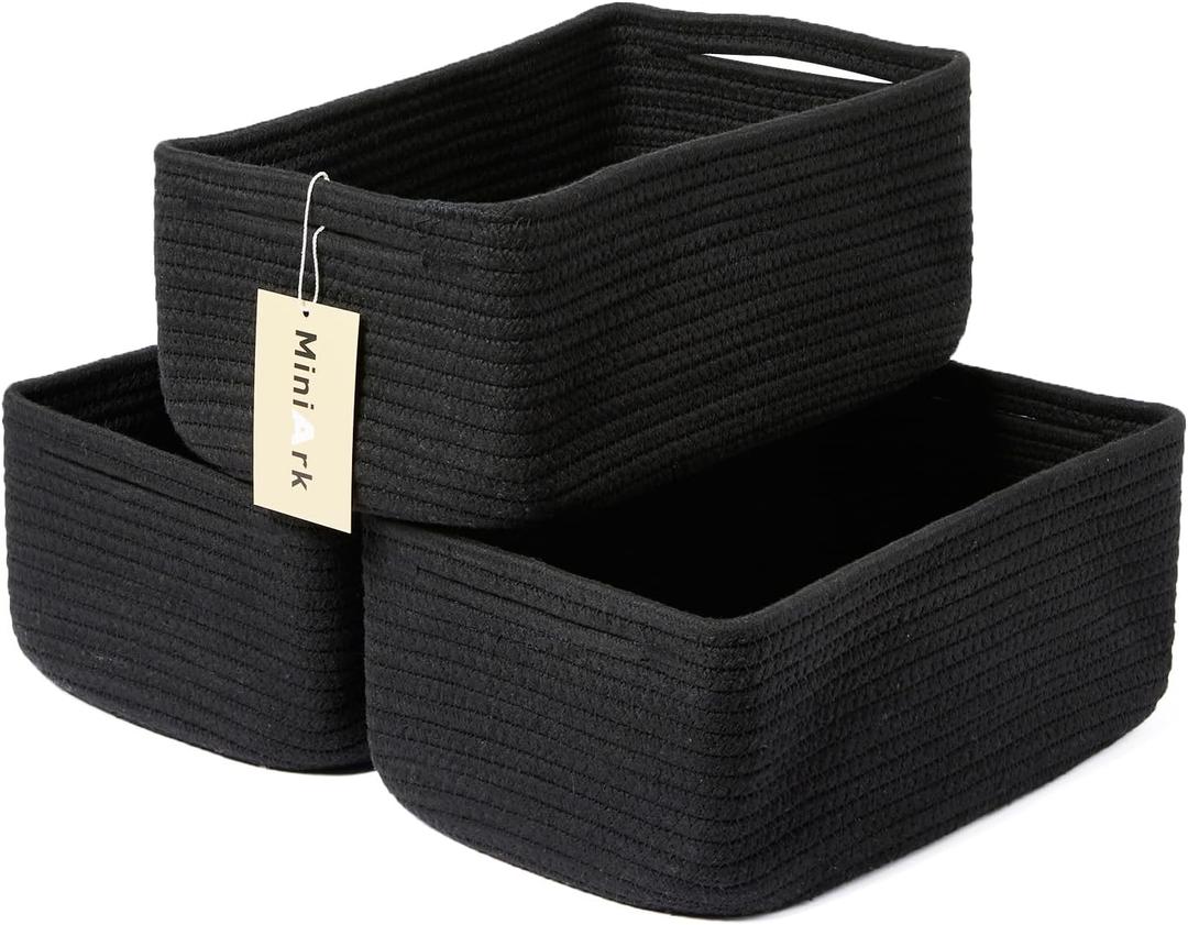 MiniArk Small Storage Baskets for Organizing | Closet Organizer Bins | Shelf Toy Basket | Woven Rope Baskets | Cube Decorative Box | Shallow Basket | 13x8.5x5.1 | 3 Packs Black