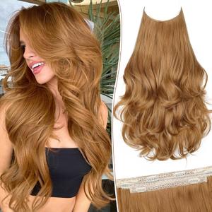 KooKaStyle Invisible Wire Hair Extensions Long Wavy Layered Synthetic Hair Extensions with Transparent Wire Adjustable Size 6 Secure Clips Strawberry Blonde Hairpieces for Women 20 Inch