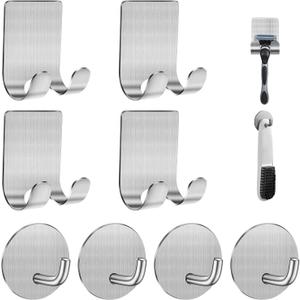 Diesisa Razor Holder for Shower + Adhesive Wall Hooks, Premium 304 Stainless Steel Shower Razor Holder with Heavy Duty Waterproof Sticky Hooks for Hanging Towels, Coat, hat (4+4 Pack) (Silver-8pcs)