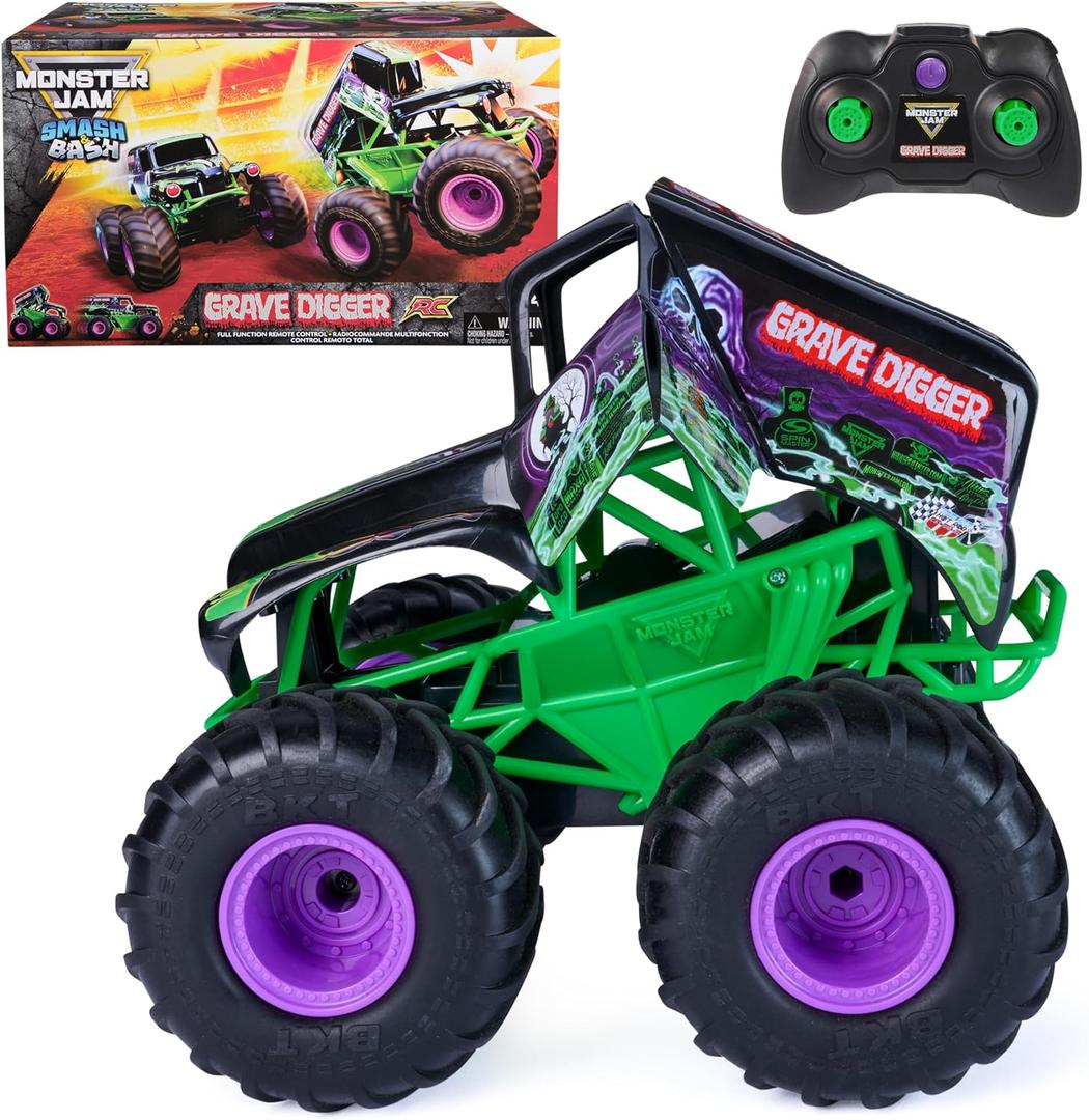 Monster Jam, Official Smash & Bash Grave Digger Remote Control Indoor & Outdoor Vehicle, 1:15 Scale Repairable Monster Truck, Kids Toys for Boy and Girls Ages 4 and up, One Size