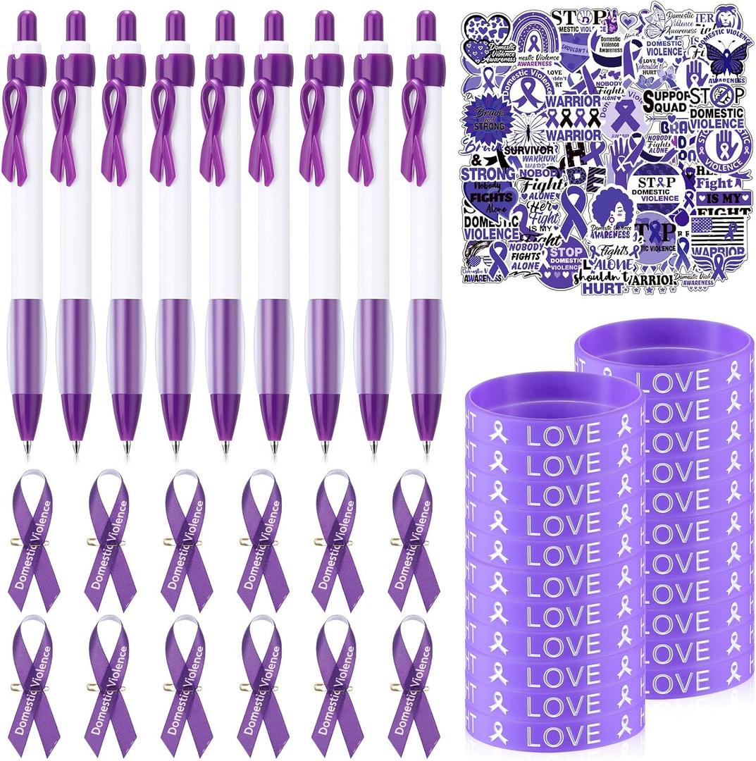 Lyrow 250 Pieces Domestic Violence Awareness Bumper Stickers Silicone Ribbon Wristbands Purple Ribbon Pins Breast Cancer Breast Cancer Awareness Pen for Accessories