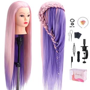 TopDirect 29" Mannequin Head with Hair,Doll Head for Cosmetology Hair Styling Training Head,Manikin Braiding Head With Clamp Holder and Styling Tools (Pink Purple)