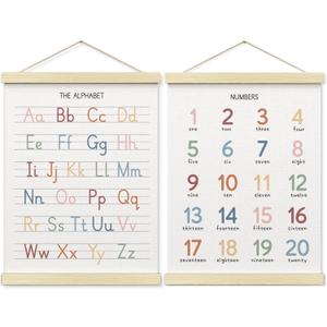 BONETAT Numbers alphabet poster for Nursery Toddlers, Play Room Wall Decor, ABC Wall Chart, Wall Hanging Decor for Toddler Playroom Decor Kids Wall Decor, Wooden Alphabet Banner-A02 (color2)