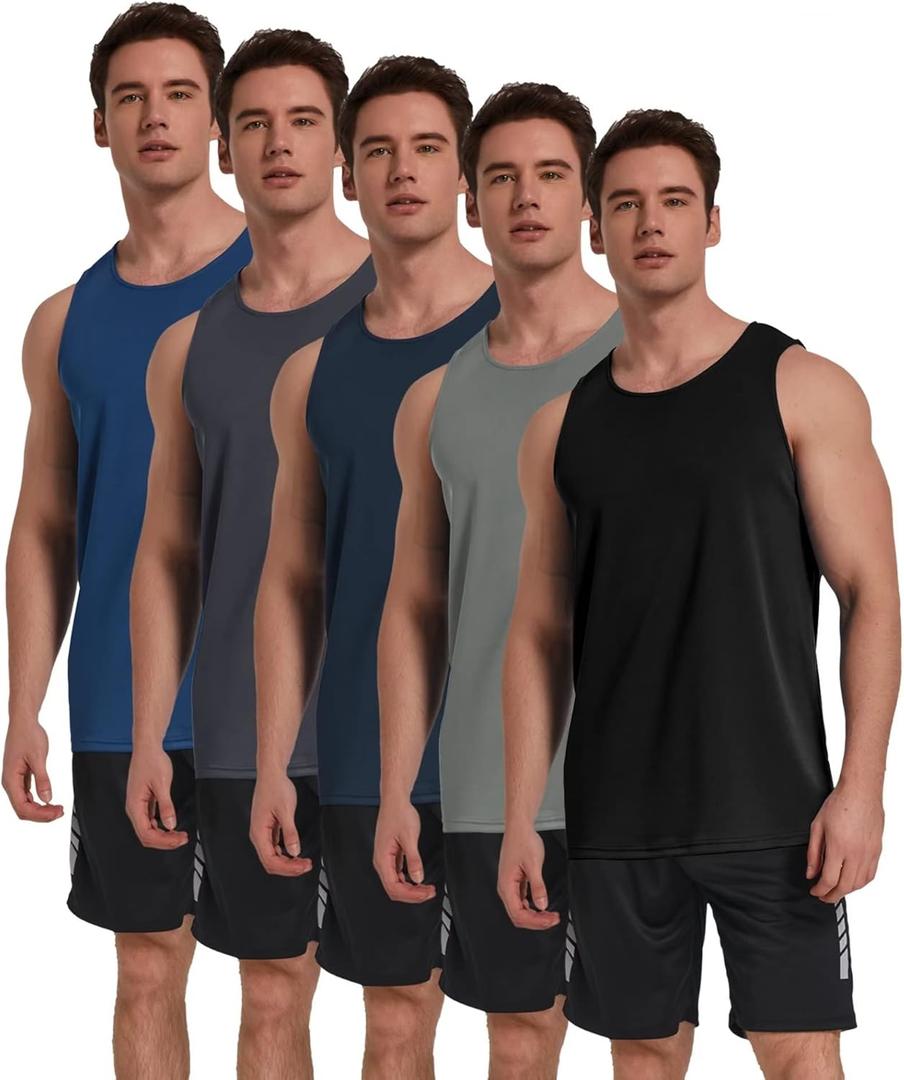 TELALEO 5 Pack Men's Workout Tank Tops Sleeveless Mesh Muscle Gym Shirt Quick Dry Black/Gray/Charcoal/Navy/Blue (Large)