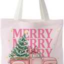 NATSUNO Pink Christmas Canvas Tote Bag, Coquette Christmas Tree Pickup Truck Canvas Tote Bag for Women, Preppy Xmas Winter Holiday Reusable Grocery Bags Shopping Bags
