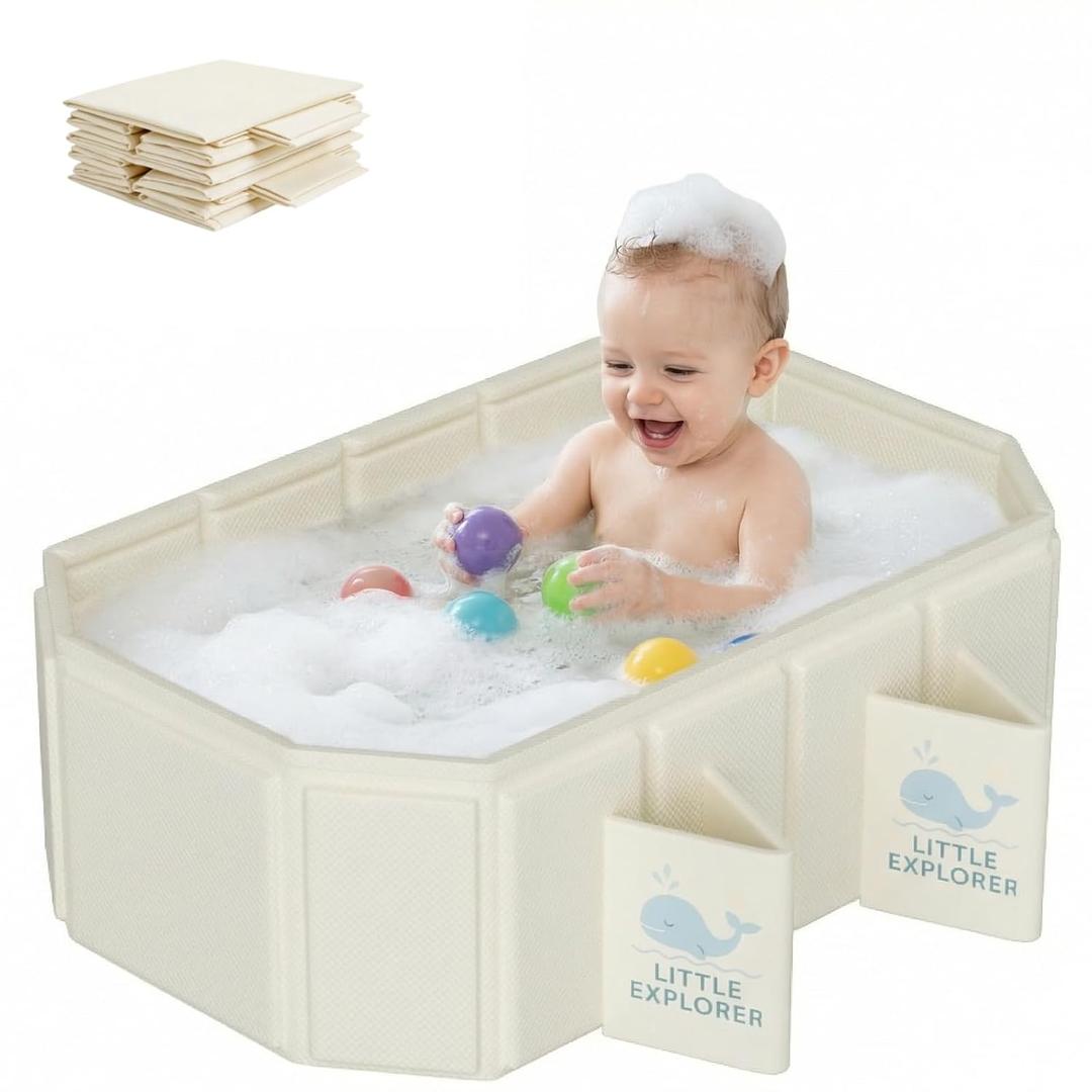 Foldable Baby Bathtub for Ages 06, Toddler Bath Tub for Shower, Collapsible Kids Bathtub with 4 Support Legs, Anti-Slip Bottom & Dual Drain Holes, Portable Travel Bath, Easy Storage (Off-White)