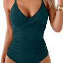 B2prity Women's One Piece Swimsuits Tummy Control Front Cross Bathing Suits Tie Back Slimming V Neck Swimwear (X-Large, Green Solid Color)