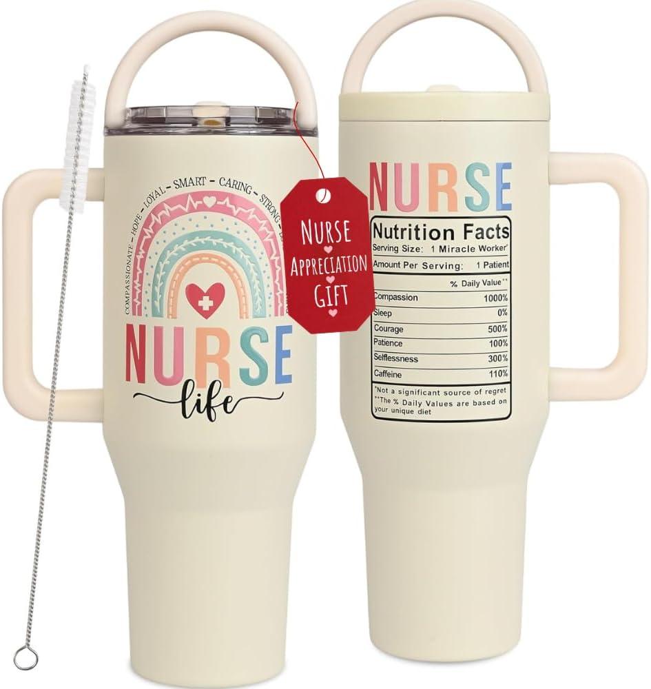 40oz Nurse Tumbler with Handle and Straw, Insulated Coffee Mug for Nurses, Nurse Gifts for Women, Funny Nursing Life Cup, Appreciation Gift, Nurses Week Birthday Gift