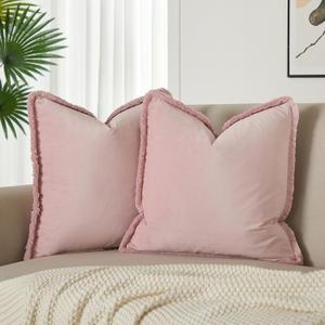 JUSPURBET Pink Decorative Velvet Fringe Throw Pillow Covers 16x16 Set of 2 Boho Soft Cushion Case for Home Decor Living Room Couch Sofa Bed