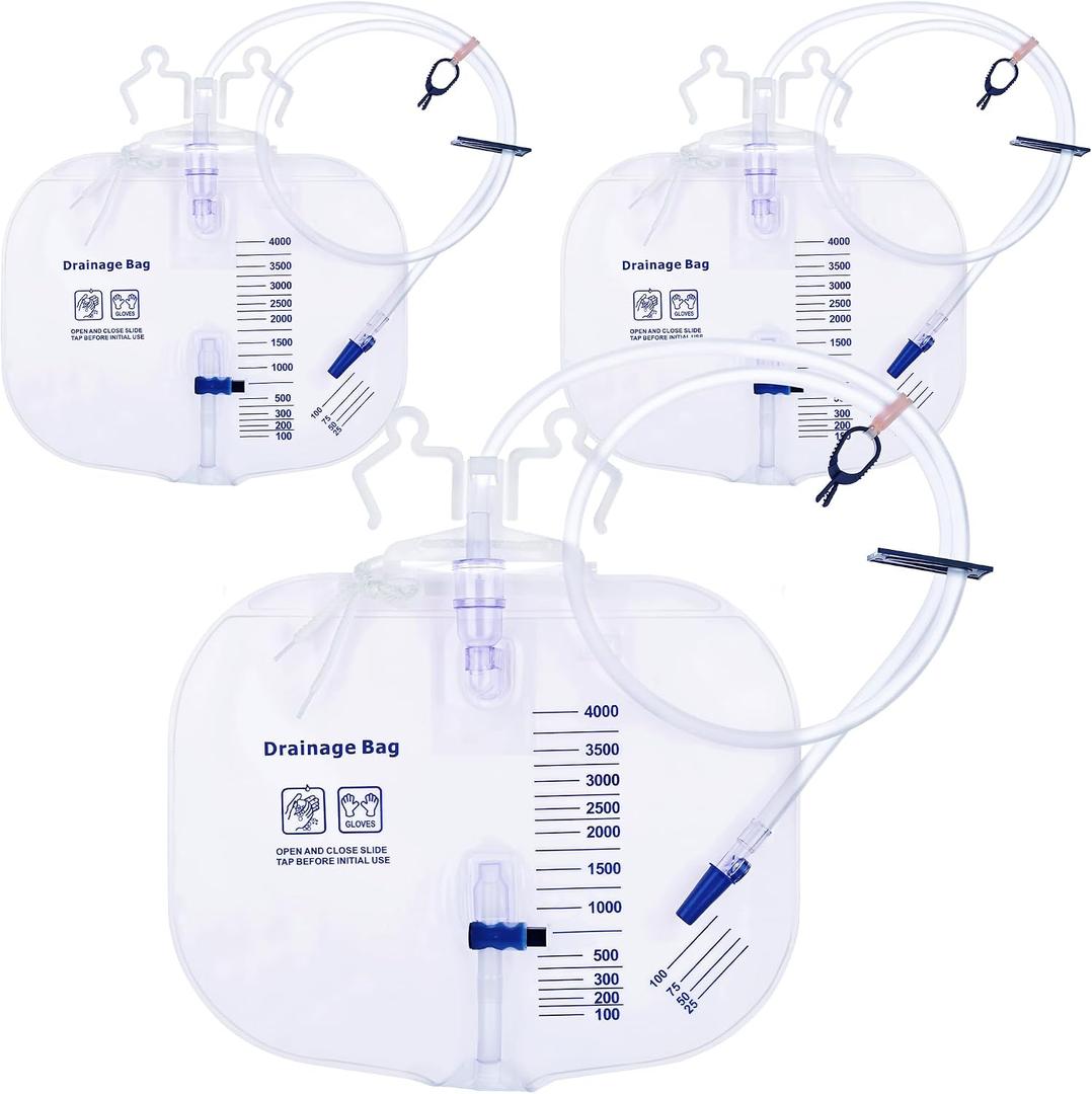 4000ml Urinary Drainage Bag, 3 Pack Catheter Bags for Women and Men, Professional High Capacity Urinary Drainage Bags with Anti-Reflux Chamber,50” Drainage Tube, Adjustable Clips & Hanging Hook