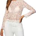 Women's Sheer Floral Long Sleeve Layering Top Ruffled Mock Neck Sheer Blouse for Casual Brunch Party Club Night Date Outfits (XL)