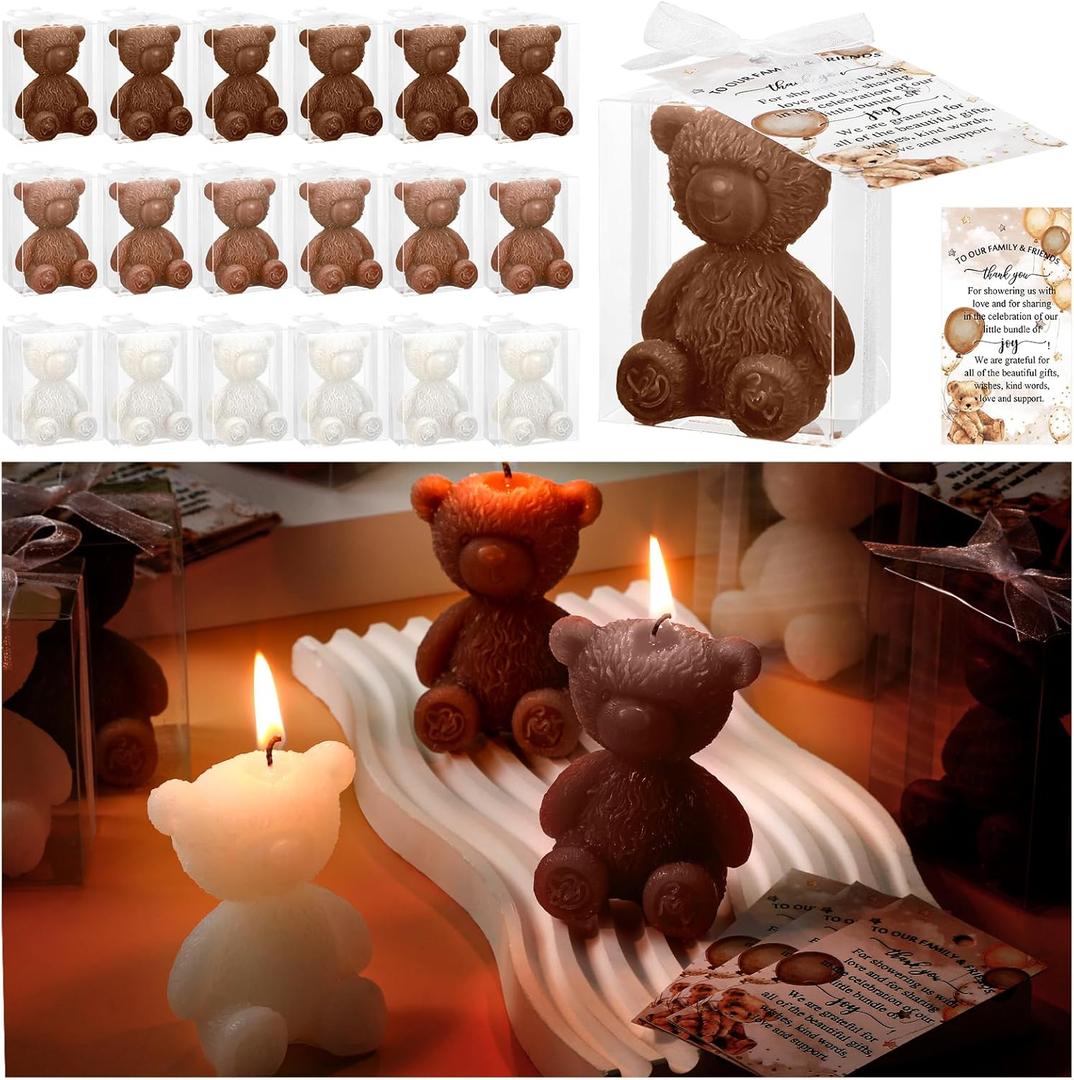30 Sets Baby Shower Favors for Guests 30 Bear Shaped Candles Handmade Bear Candles Bulk with 30 Thank You Cards 30 White Ribbons 30 Clear PVC Boxes for Boys Girls Gender Reveal (Brown Series)
