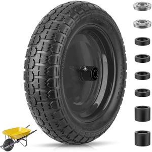TICONN 14.5" Flat Free Wheelbarrow Tire and Wheel - Solid Replacement With 3" Centered Hub, 5/8" 3/4" Bearings, Universal Fit 4.80/4.00-8, 3.50/3.00-8, 4.00-6 (Black)