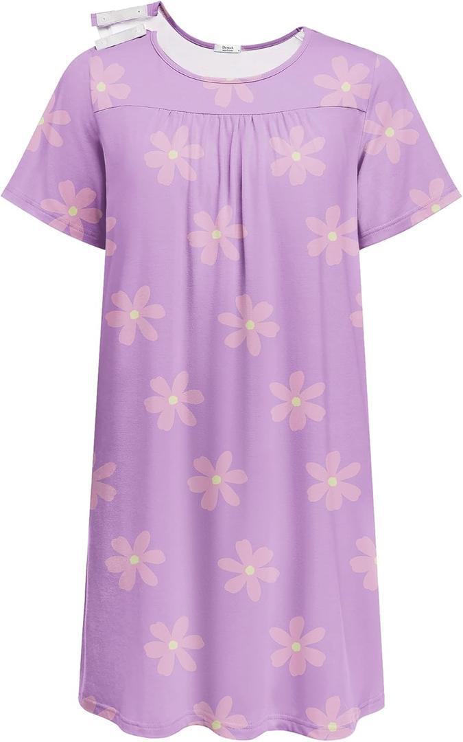 Deyeek Hospital Gowns for Women Tear Away Snap Open Back Dress Post Shoulder Surgery Dresses Soft Adaptive Clothing Nightgown (X-Large, Light Purple Print)