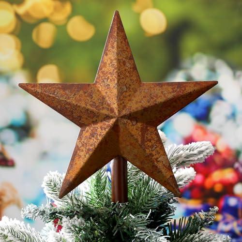 MorningRo 9 Inch Rusty Christmas Star Tree Topper Rustic Star Farmhouse Christmas Tree Topper Vintage Metal Xmas Tree Top Star for Home Indoor Outdoor Decorations