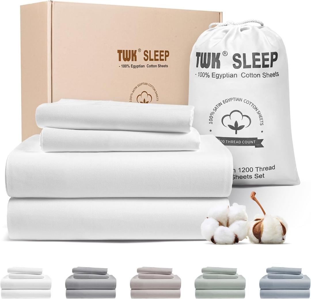 TWK 1200 TC 100% Egyptian Long-Staple Cotton Bedding Sheets Set, Luxury Hotel Style Deep Pocket with Elastic Reinforced Seams Sheet Set, Soft & Comfy Natural Sheets (White, Full)