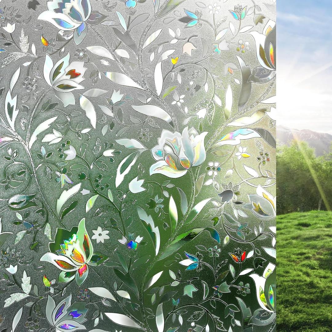 rabbitgoo Window Privacy Film, Decorative Stained Glass Window Film, Sun Blocking Glass Clings, Renter-Friendly Static Cling Frosted Sticker Covering for Home Door, Rainbow Tulip 17.5" x 78.7" (Clear)