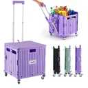 Folding Utility Cart Portable Rolling Crate Handcart Shopping Trolley Collapsible Tool Box, with Lid, Basket on 4 Rotate Wheels, for Grocery, Shopping, Office, Storage, Teacher (Purple)