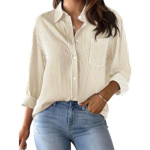 CUNLIN Khaki Shirt Women for Striped Blouse and White Oversized Button Down Shirts Womens Tops Dressy Casual Vertical Khaki Size S