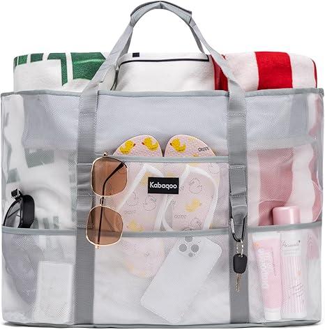 KABAQOO Mesh Beach Bag, Extra Large Beach Bags with 9 Pockets & Zipper Waterproof Lightweight Beach Tote for Beach/Pool Trip (White)