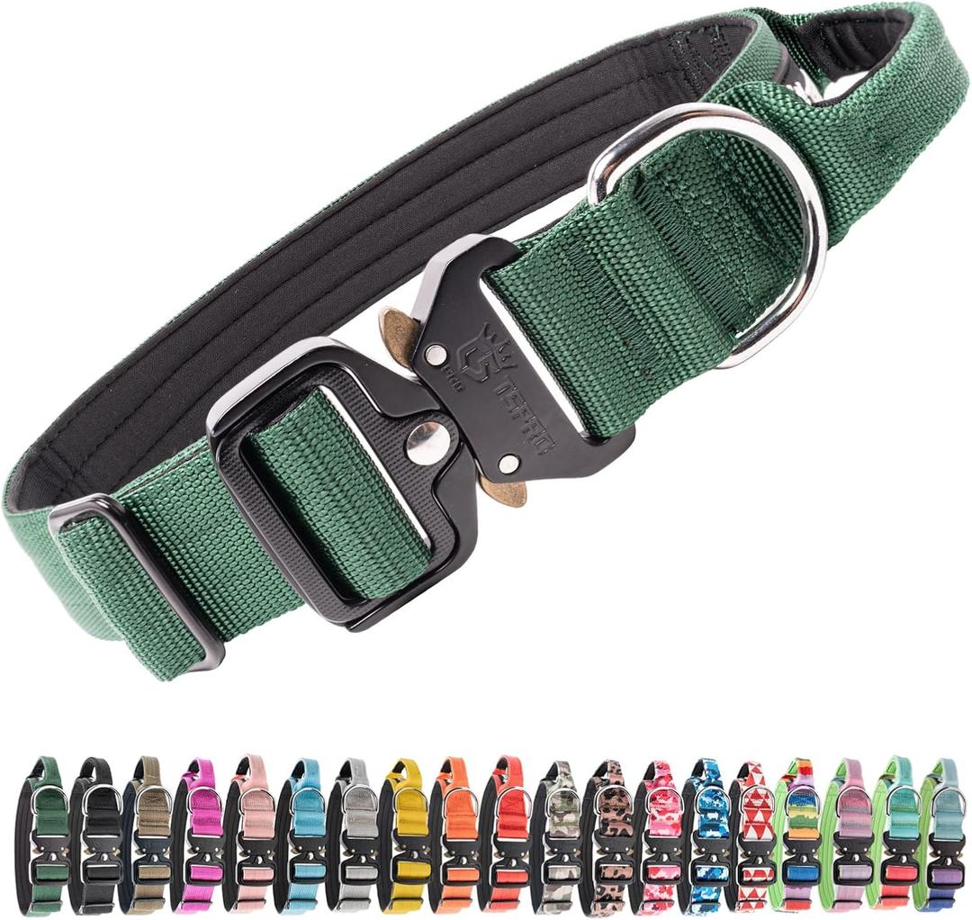 TSPRO Premium Dog Collars Tactical Dog Collar with Handle and Heavy Duty Quick-Release Metal Buckle Durable Thick and Adjustable for Medium to Large Dogs (Green L) (Handle-Equipped L (17.5"-24.5" Adjustable))