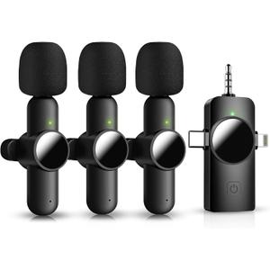 3 in 1 Mini Microphone,Wireless Lavalier Microphone for iPhone Android Camera USB-C,2.4G Ultra-Low Delay,Noise Reduction,Microphone Video Recording, Live Streaming,tiktok(Black, 3microphone)