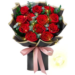 Mosstory Flower Bouquet 12-Piece Red Preserved Roses Bouquet with Led Lights Gift for Women Wife Mother Day Wedding Anniversary Birthday (Black)