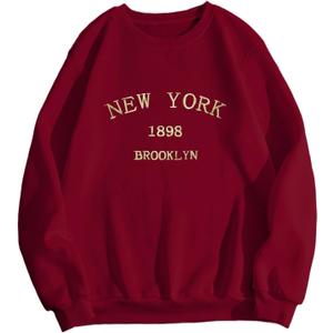 Hilinker Women's Graphic Crewneck Sweatshirts Casual Loose Long Sleeve Tops Cute Pullover, Burgundy New York, Large