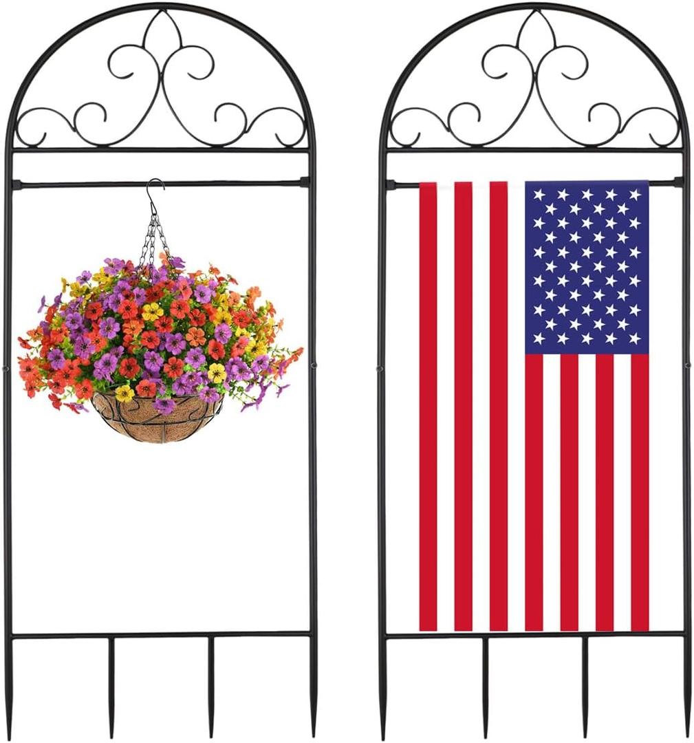 2 IN 1 Metal Garden Flag Holder Stand, Reinforced Decorative Design, Fits 14.5 x 26 Inch FlagsHeavy Duty Yard Flags Holder for Outside House, Lawn & Patio Decor (Black)