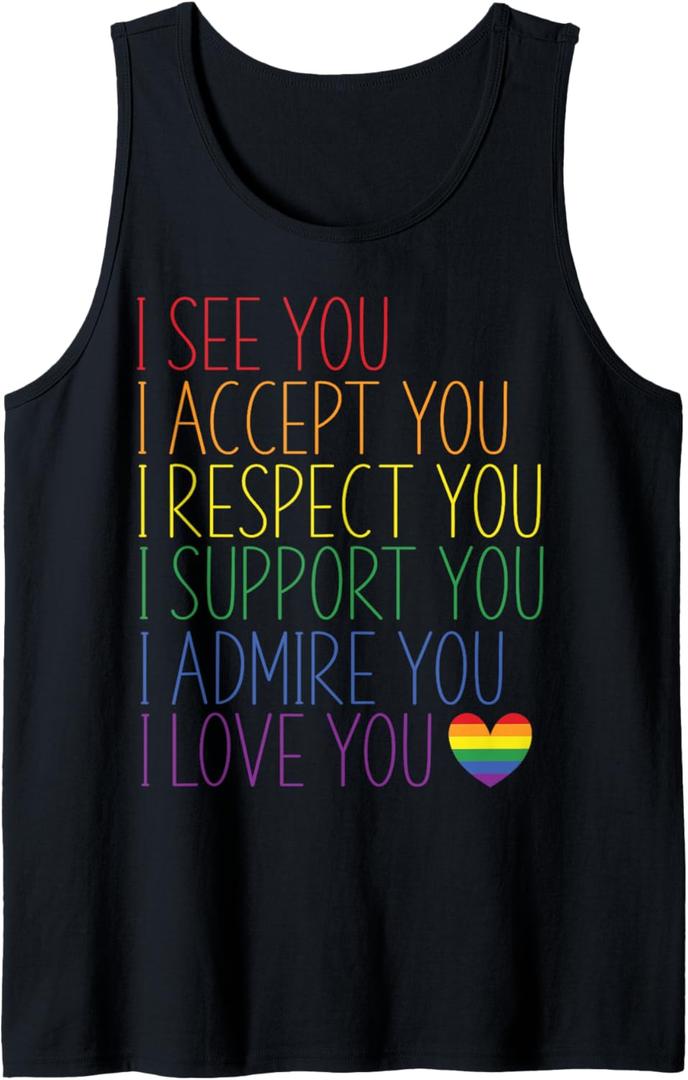 I See Accept Respect Support Admire Love You LGBTQ Pride Tank Top (Small, Black)