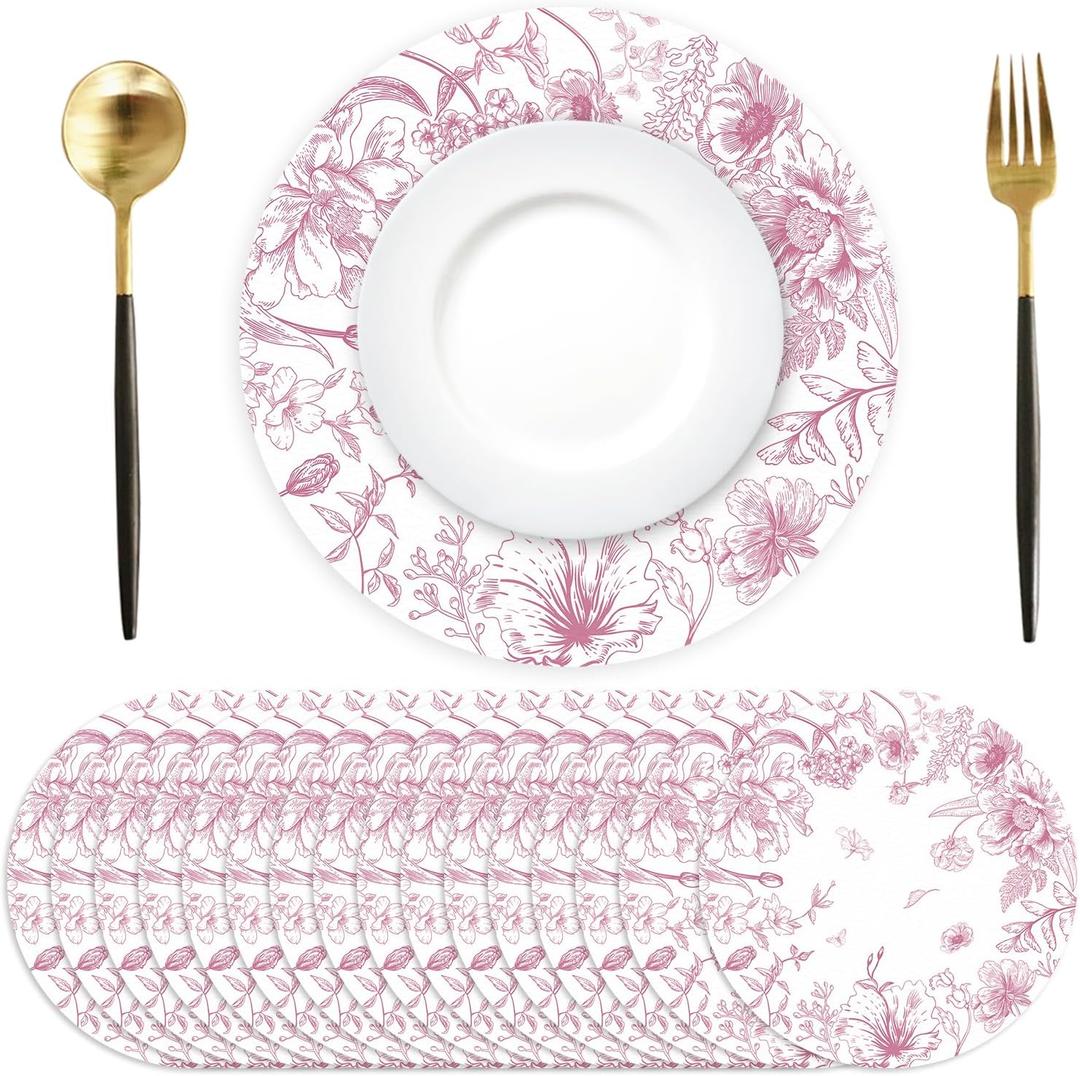 50 Pack Paper Placemats Disposable Pink Floral Placemats 13.7 Inch Vintage Chinoiserie Place Mats Decorative Round Table Mats for Dinner Table Setting Birthday Wedding Party Supplies