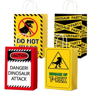 ZOIIWA Dinosaur Party Favor Bags Funny Dinosaur Party Decorations Dino Caution Signs Paper Gift Bags with Handles Beware Warning Signs Goodie Candy Treat Bag for Birthday Baby Shower Supplies,24pcs