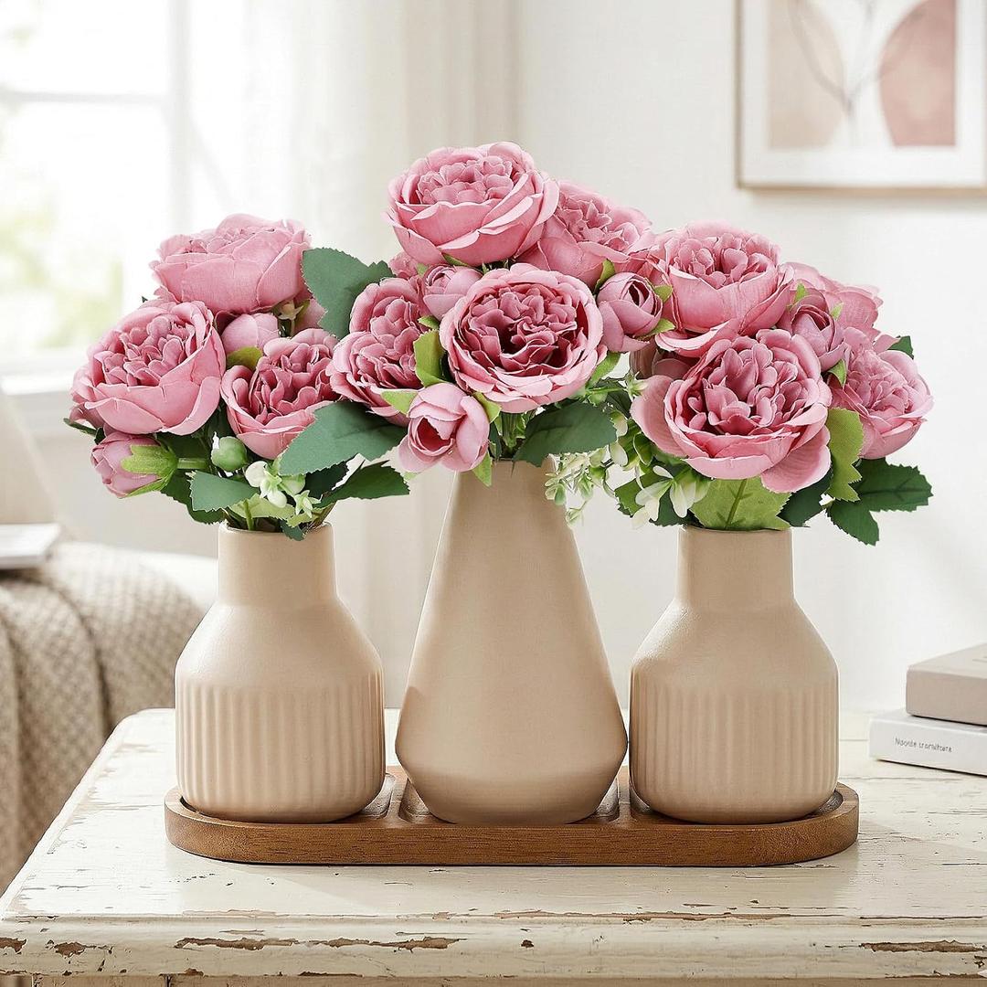 Flower Table Centerpiece - Dining Table Centerpiece Decor Set of 3 Fake Peonies in Ceramic Vases & Wood Tray Modern for Kitchen Island Living Room Coffee Table Home Decor (Dusty Pink)