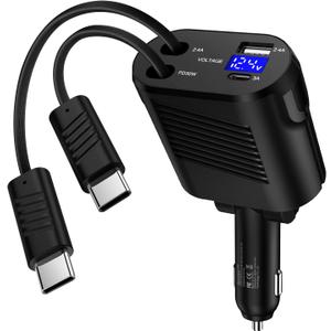 Retractable Car Charger for iPhone 16e, 4 in 1 45W USB C Car Charger Adapter with Type C Fast Charging Cable for iPhone 16 15 Pro Max Plus, Samsung Galaxy S25 S24 S23 S22 S21 A56 A16 A15 A14 A35 A55