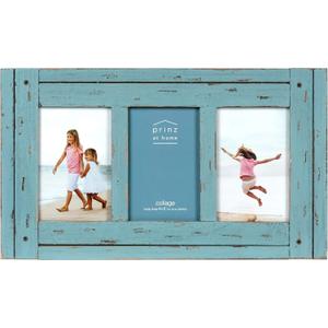 Prinz Homestead Blue Three-Picture Frame, 4 x 6 Distressed Wood Collage Frame, Wooden Rustic Decor, Two-Way Easel, Can Be Wall-Mounted