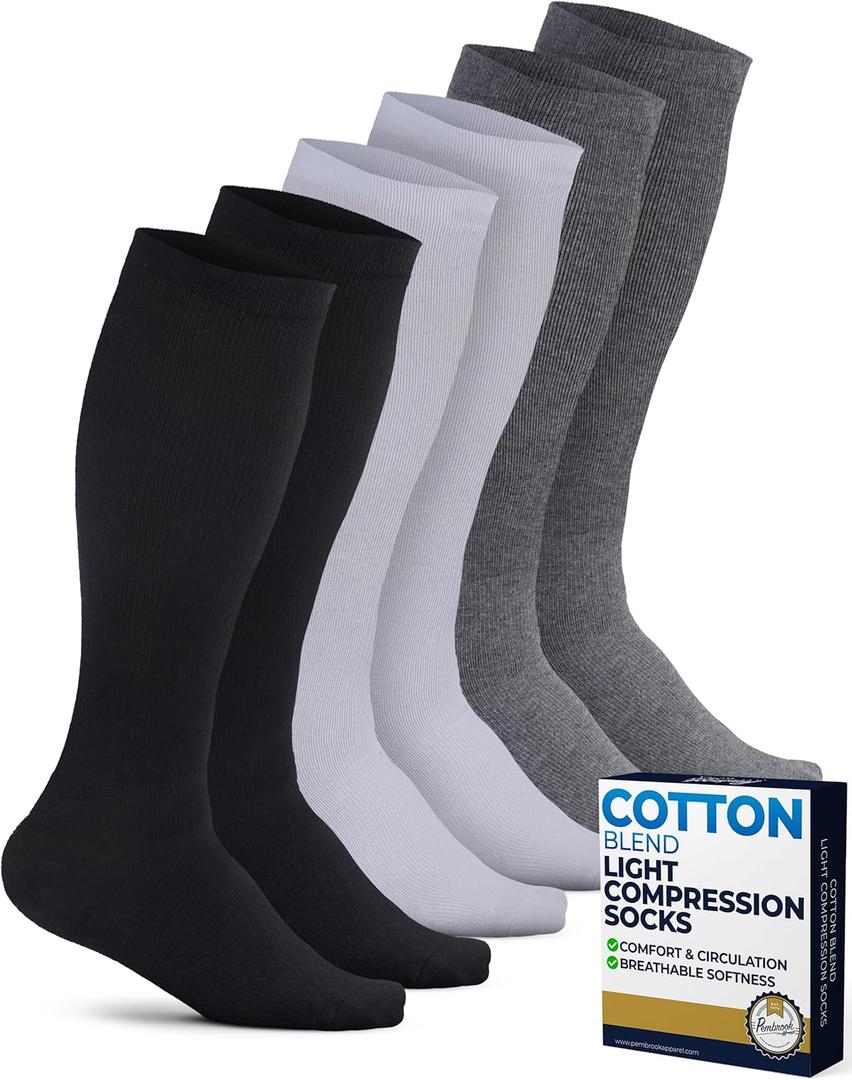 Pembrook Light Cotton Compression Socks for Men & Women - 3 Pairs | 8-15 mmHg Light Compression Socks for Men, Comfort and Support (Large, Black/White/Gray - 3 Pairs)