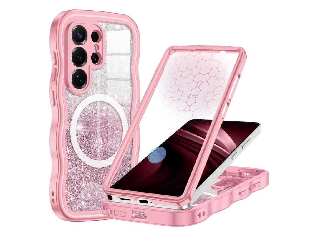 Hekodonk for Galaxy S26 Ultra Case Magnetic,[Cute Wave][Compatible with Magsafe][Built-in Tempered Glass Screen Protector] [Glitter Card] Full Body Bling Case for Samsung Galaxy S26 Ultra,All Pink