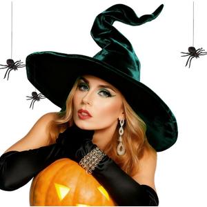 Geyoga Women Halloween Spider Witch Hat with 2 Pcs Black Halloween Spiders for Party Cosplay Costume Accessory (Dark Green)