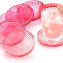 Queekay 6 Set Modern Clear Glass Coasters for Drinks Colored Glass Crystal Coasters House Warming Gifts New Home Coffee Table Decor for Office, Kitchen, Bar, Dining Room, Living Room (Pink)